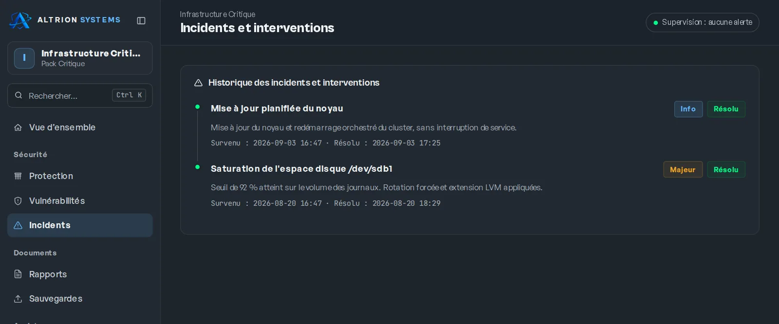 Espace client : historique des incidents et interventions de maintenance